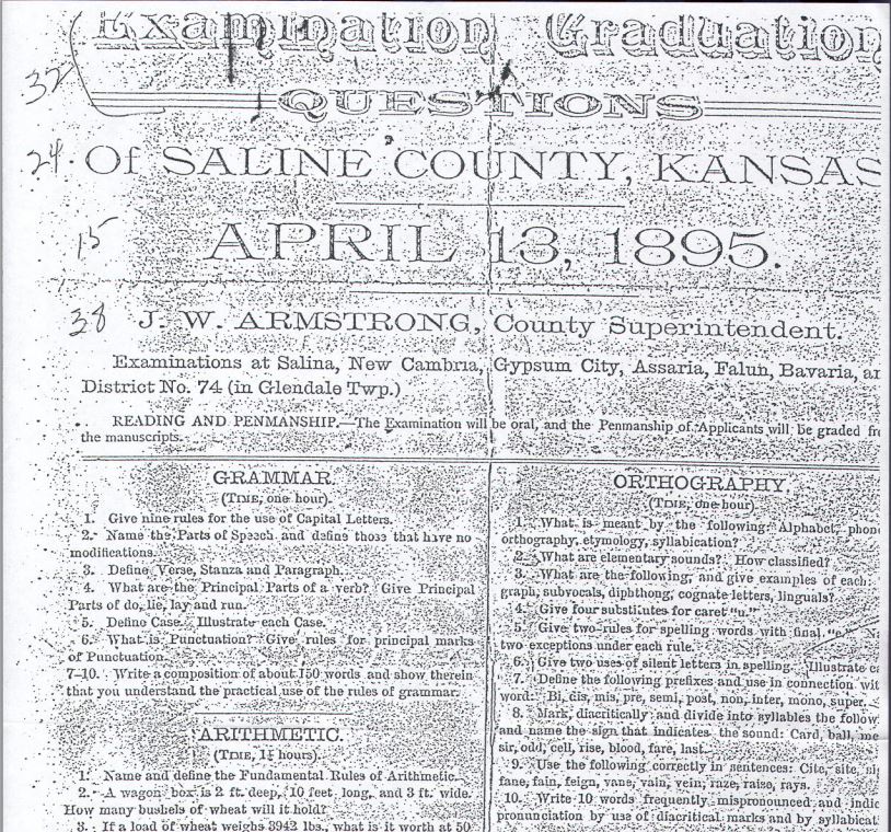 Image taken from exam posted by the Smoky Valley Genealogical Society, Salina, KS, http://www.rootsweb.ancestry.com/~kssvgs/school/exam1895/8th_exam_orig.pdf.