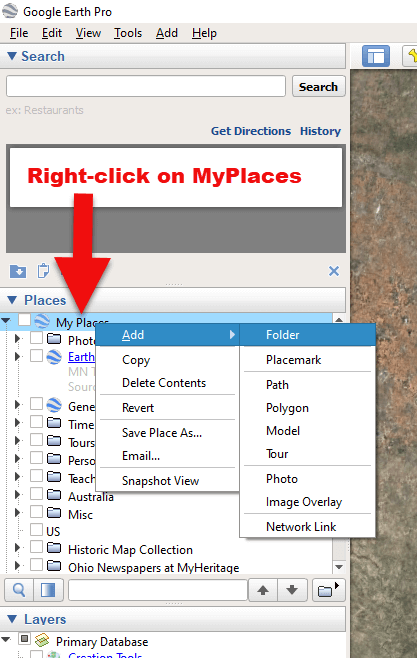 how to create a folder in Google Earth Layers panel for DNA