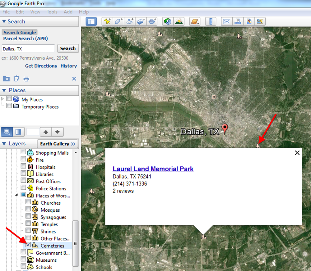 how to find cemeteries in Google Earth