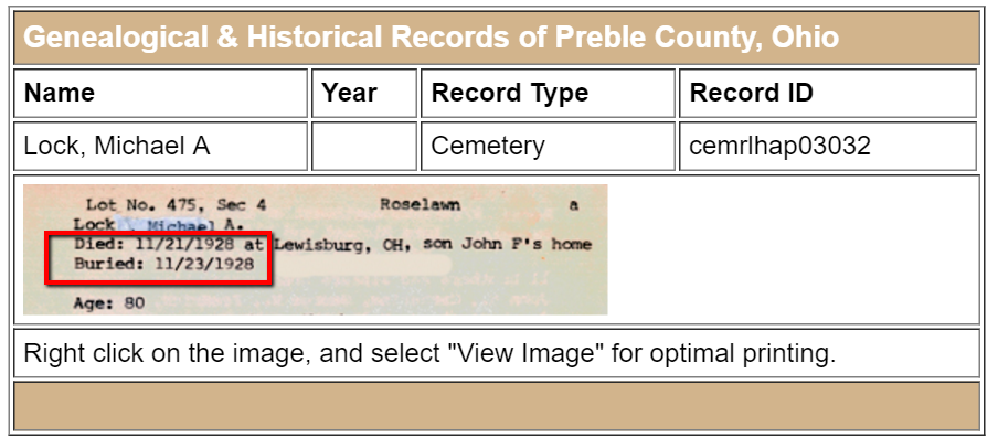cemetery records for Michael Lock