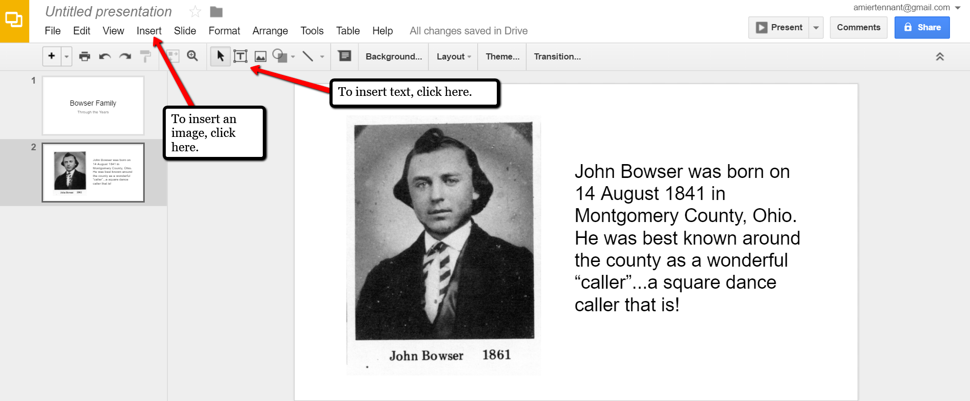 Insert Pictures with Google Slides for Genealogy