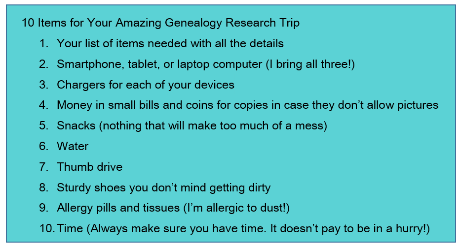 10 items for the genealogy research trip