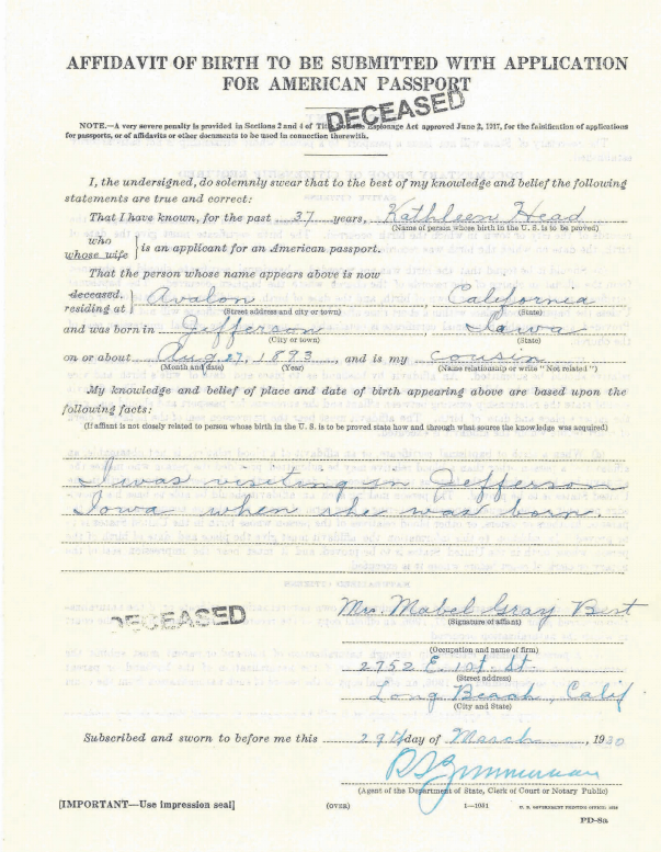 Affidavit of Birth Passport application for genealogy