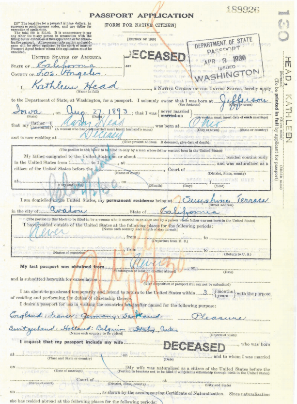 3) Passport Application 1930