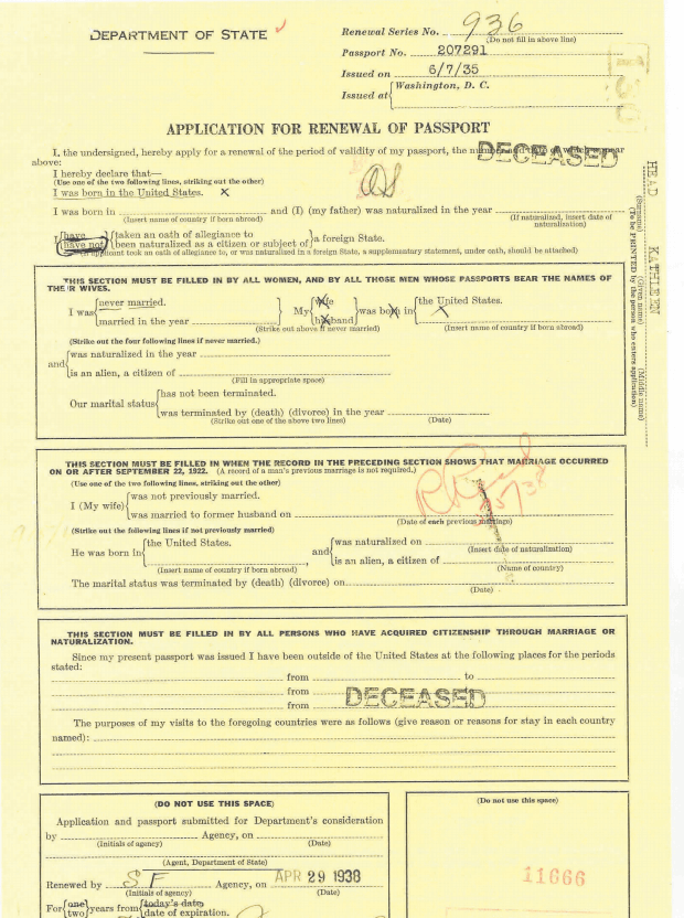 7) Application for Renewal of Passport 1938