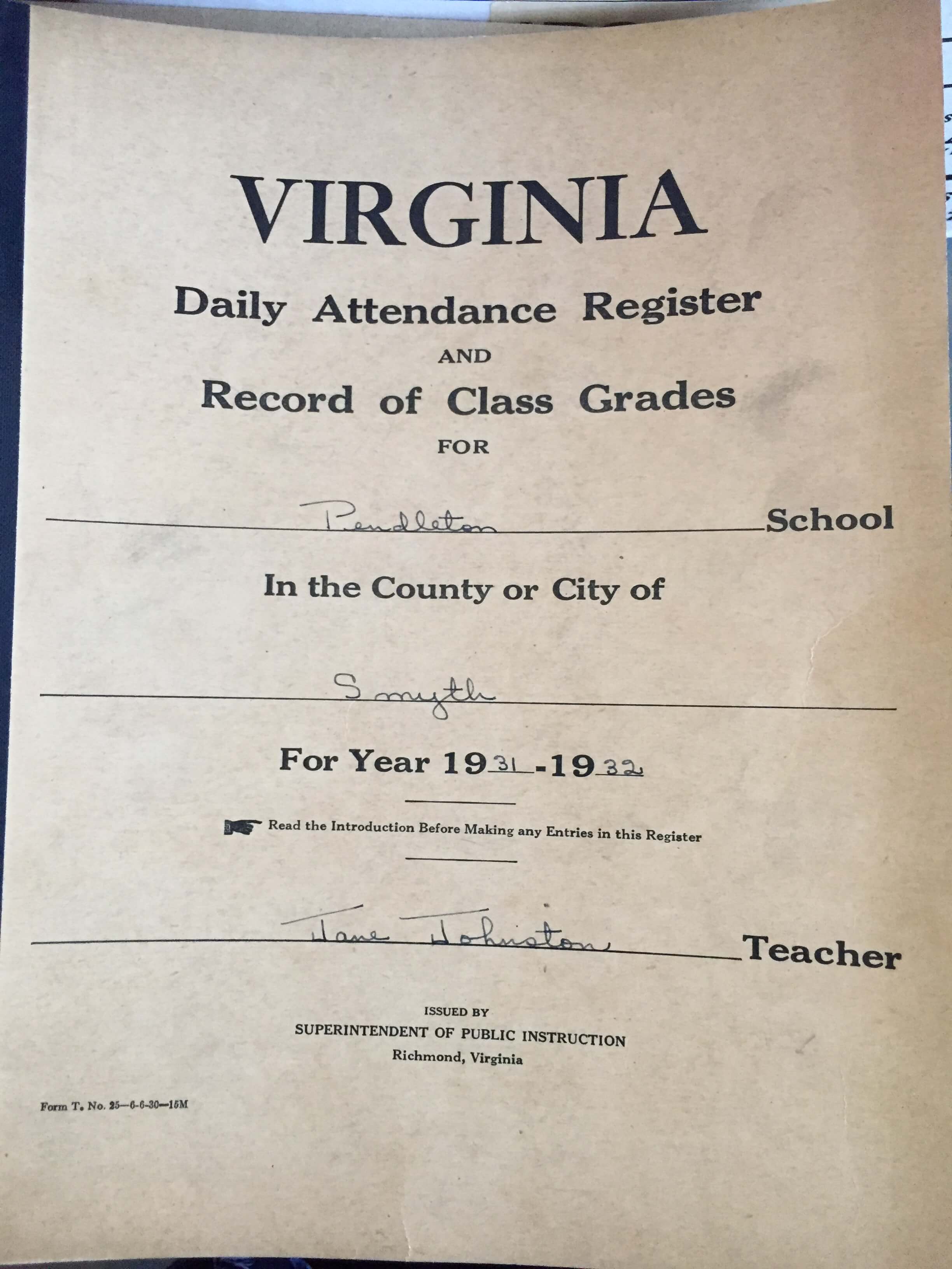 Virginia School Attendance Record
