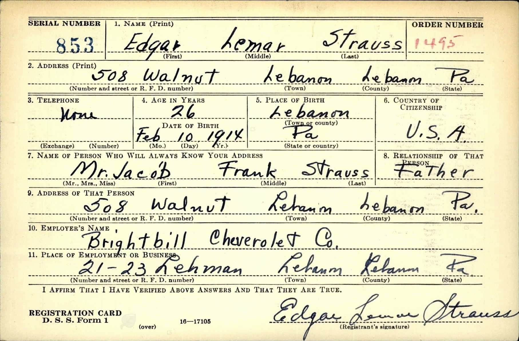 Edgar L. Strauss-WWII Draft Card