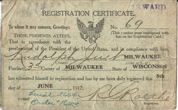 Rudolph Just-WWI Registration Certificate