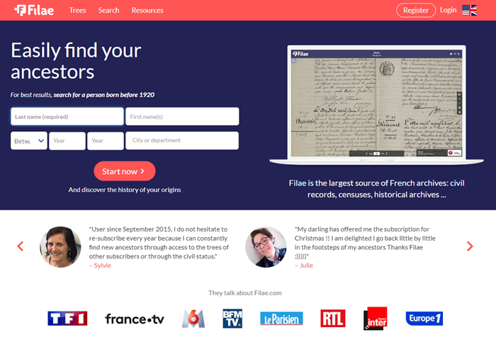 French Genealogy website Filae