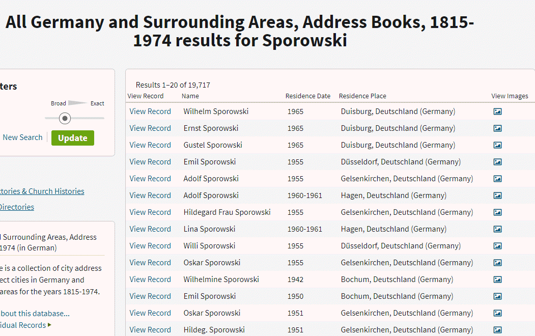 German address books results list at Ancestry.com